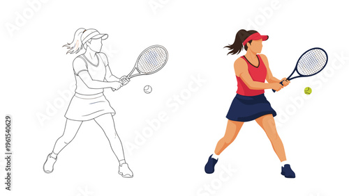 Comparison showing a line art drawing and a flat color illustration of a female tennis player preparing to hit a backhand shot.