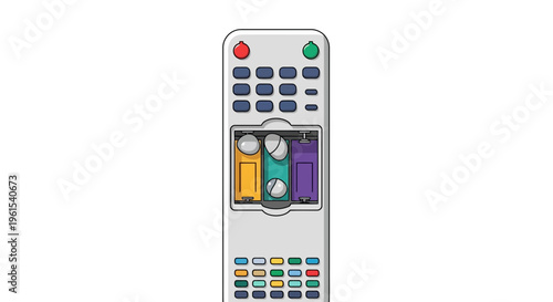 A colorful cartoon remote control device with various buttons and a screen displaying multiple media icons in a modern flat design style for television or digital media navigation april, foo