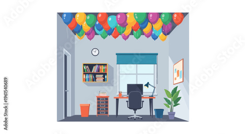 Colorful modern home office interior with desk, chair, bookshelf, plant, balloons, and decorations, digital art, flat design, workspace april, fool, april fool