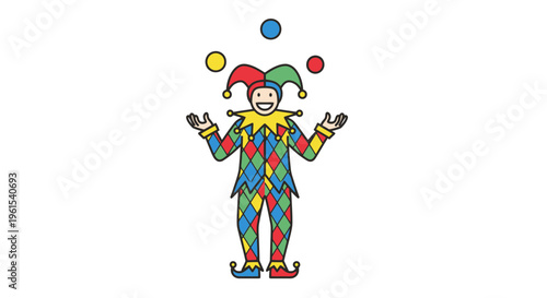 A colorful jester juggling three balls in a whimsical, hand-drawn, cartoon-style illustration, showcasing a playful performer in a comedic act. april, fool, april fool