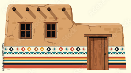 Traditional adobe style building facade featuring two windows a wooden door and colorful geometric patterns along the base.