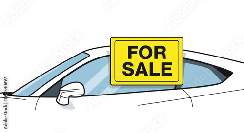 A cartoon-style drawing of a white car with a FOR SALE sign on the driver's side window, indicating a vehicle for purchase in a simplistic artistic style. april, fool, april fool