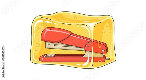 A cartoon-style red stapler encased in a block of melting yellow ice on a white background, rendered in a whimsical digital art style with bold lines and bright colors. april, fool, april fo