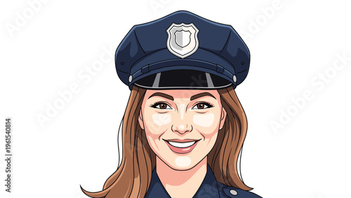 Friendly female police officer avatar wearing a blue law enforcement hat with silver badge on a clean white background.