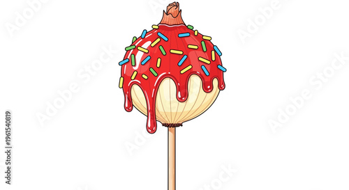 A delicious candy-coated apple on a stick, covered in vibrant red icing and colorful sprinkles, in a whimsical and playful artistic style, perfect for a sweet treat or dessert concept april,