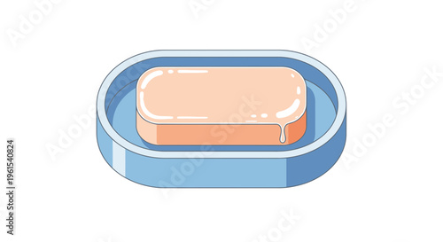 A cartoon-style soap bar sitting in a blue soap dish on a white background, with a minimalist flat design aesthetic, perfect for hygiene or bathroom concept april, fool, april fool