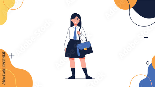 Happy schoolgirl in formal uniform carrying a blue messenger bag standing against a white background with abstract shapes.