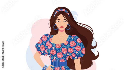 Beautiful fashionable woman with long brown hair wearing a blue floral print dress and matching headband with blue belt.