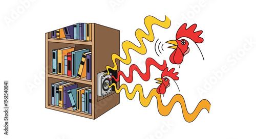 Cartoon rooster with vibrant red and yellow squiggly motion lines emerging from bookshelf with books, comedic dynamic movement, exuberant excitement, chaotic energy release april, fool, apri