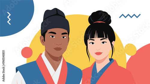 Asian couple dressed in traditional hanbok clothing standing together against a colorful abstract geometric background.