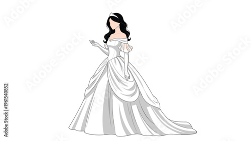 Elegant bride or princess silhouette wearing a voluminous white wedding gown and crown on a simple white background.