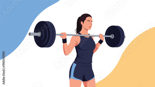 Strong athletic woman performing a weightlifting exercise with a heavy barbell over her shoulders against a colorful backdrop.