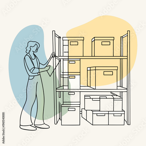 Organized Woman Sorting Storage Boxes With Tags For Inventory Management Solutions
