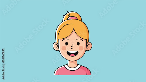 Cute cartoon girl with blonde hair tied in a bun and a big happy smile on a solid light blue background.