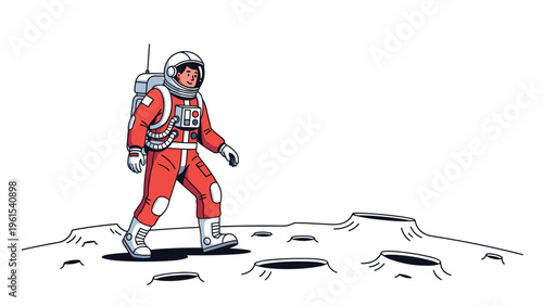 Astronaut in a bright orange space suit walking across the desolate lunar surface filled with craters and shadows.