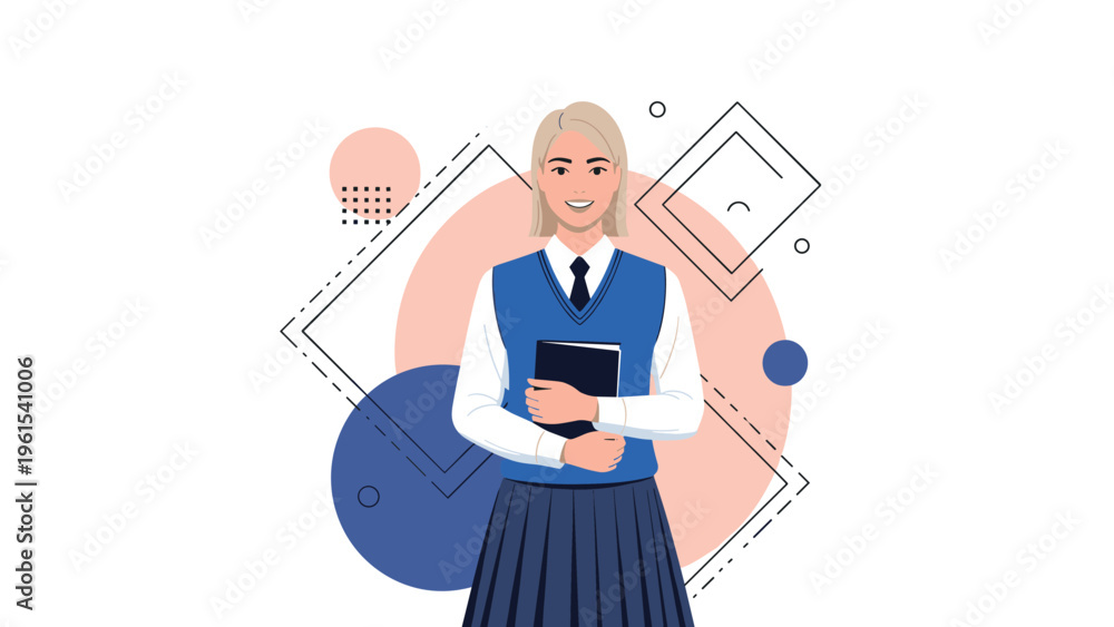 Obraz premium Professional woman with blonde hair wearing a blue school vest and pleated skirt holding a book.