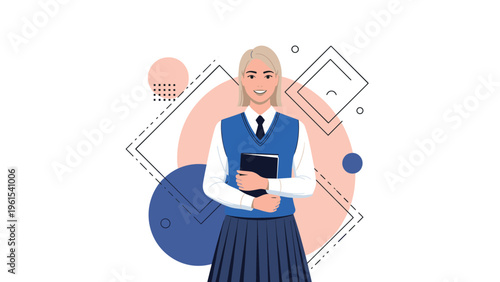 Professional woman with blonde hair wearing a blue school vest and pleated skirt holding a book.