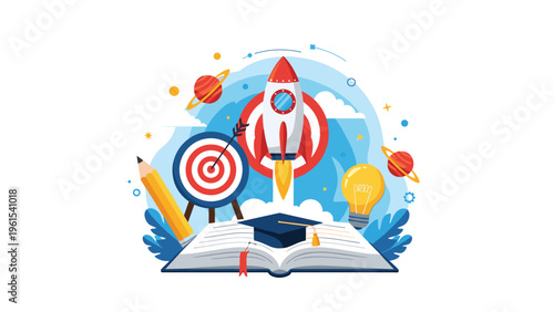 Educational symbols including a rocket, graduation cap on a book, target, lightbulb, and planet icons.