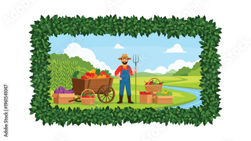 Farmer standing in a green field with a pitchfork surrounded by a vegetable cart and baskets of fresh produce.