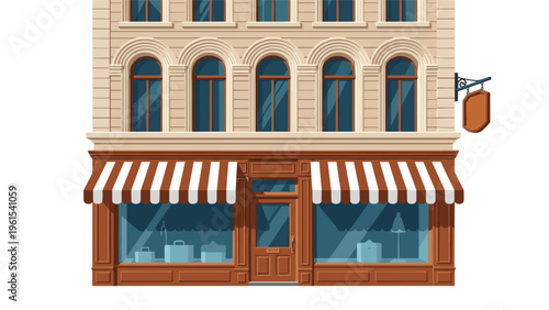 Classic multi-story city building exterior with a shopfront on the ground floor featuring brown awnings and display windows.