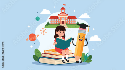 Educational scene with a young girl reading on a stack of books and a cheerful anthropomorphic pencil wearing a cap.