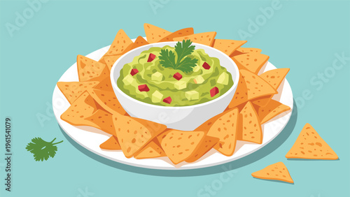 Large plate of crispy tortilla chips served with a bowl of fresh green guacamole garnished with cilantro.