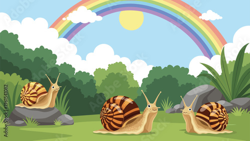 Three cute cartoon snails with striped shells crawling in a forest meadow under a bright rainbow and sun.