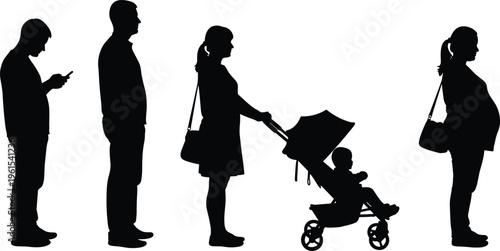 Family life silhouettes set showing pregnant woman, parent with baby stroller, and people standing isolated on white background, lifestyle concept