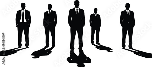 Group of businessman silhouettes standing with shadows representing leadership hierarchy corporate team authority power structure modern business concept illustration