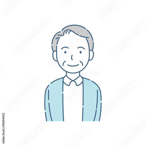 シニア男性のやさしい笑顔のシンプルイラスト ブルーグレー配色