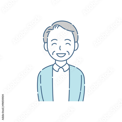 目も笑っているシニア男性の笑顔 シンプルイラスト ブルーグレー配色