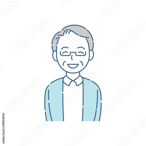 メガネをかけて目も笑うシニア男性の笑顔 シンプルイラスト ブルーグレー配色