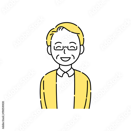 眼鏡をかけて目も笑うシニア男性の笑顔 シンプルイラスト 黄色アクセント