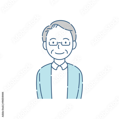 眼鏡をかけたシニア男性の笑顔 シンプルイラスト ブルーグレー配色