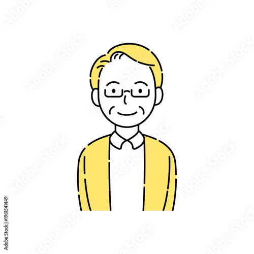 メガネをかけたシニア男性の笑顔 シンプルイラスト 黄色アクセント