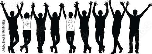 Group of people silhouettes raising hands together isolated on white background, teamwork celebration concept for unity, success, happiness, and community spirit