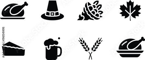 Thanksgiving food icons set, turkey pie beer wheat maple leaf symbols collection, autumn harvest vector illustration holiday celebration design