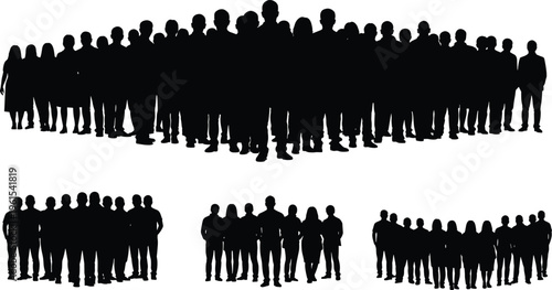 Large crowd of people silhouettes standing together in groups isolated on white background, community population concept for society, unity, and diversity