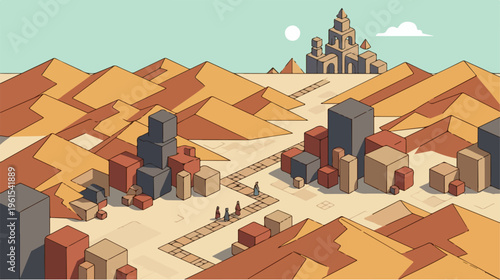 Desert Cityscape with Mountains and Distant Castle Under the Sky.