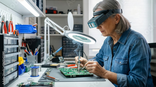 Focused senior woman using a soldering iron and magnifying visor to repair an electronic circuit board in a workshop