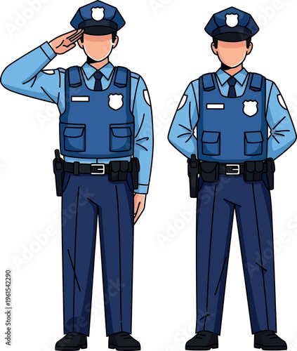 Flat illustration of two police officers in blue uniforms