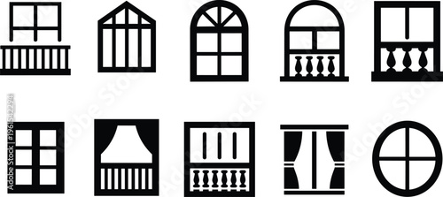 window icon set, house facade elements collection, balcony frame curtain design symbols architecture vector black silhouette modern minimal style