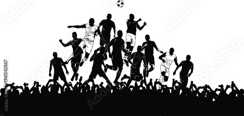 Black silhouette illustration of soccer players jumping mid-air toward ball with cheering crowd, representing sports action, athletic competition, teamwork, and football game excitement artwork