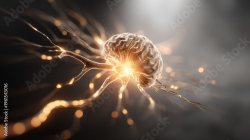 Glowing neural structure exhibits electrical impulse transmission across dark background