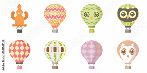 Colorful hot air balloons in various whimsical animal and geometric designs