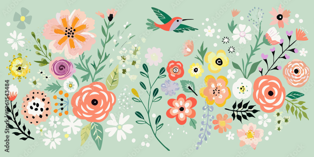 Fototapeta premium A vibrant illustration of colorful flowers and a hummingbird in flight