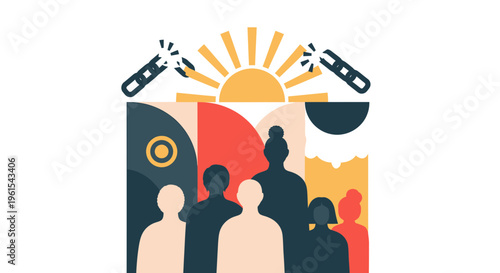 Vibrant and diverse community united, celebrating innovation and collective empowerment under a radiant sunrise, symbolizing a bright future and shared success