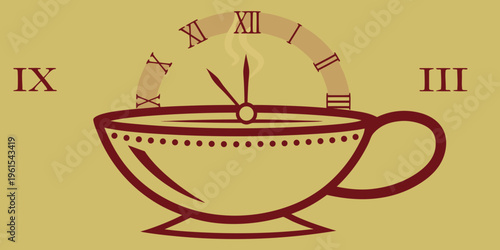 A whimsical illustration of a teacup forming a clock face