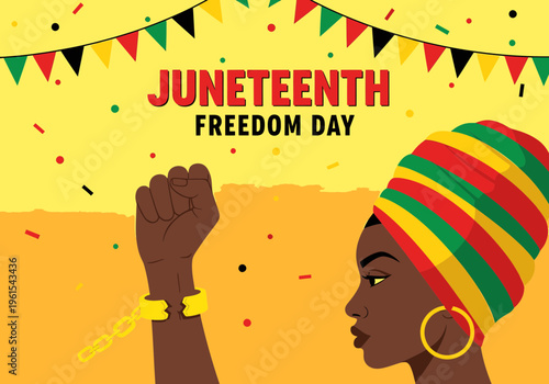 Vibrant illustration celebrating the enduring spirit of emancipation and freedom, featuring a determined African American woman with a raised fist, broken chains, and festive decorations