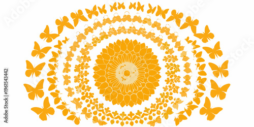 A vibrant orange sunflower formed from numerous fluttering butterflies